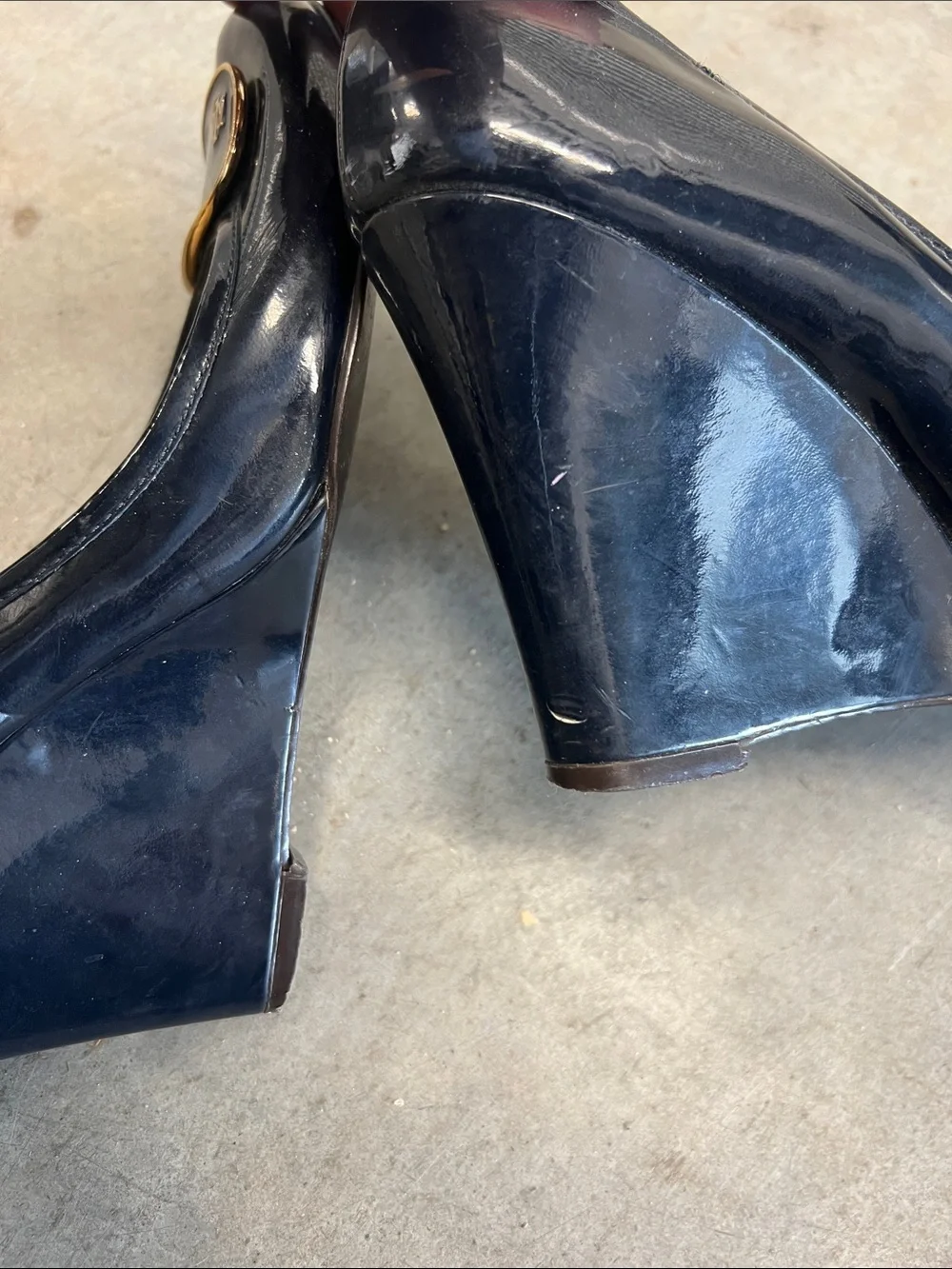 Ralph Lauren Navy Patent Leather Pumps with Gold RL Medallion